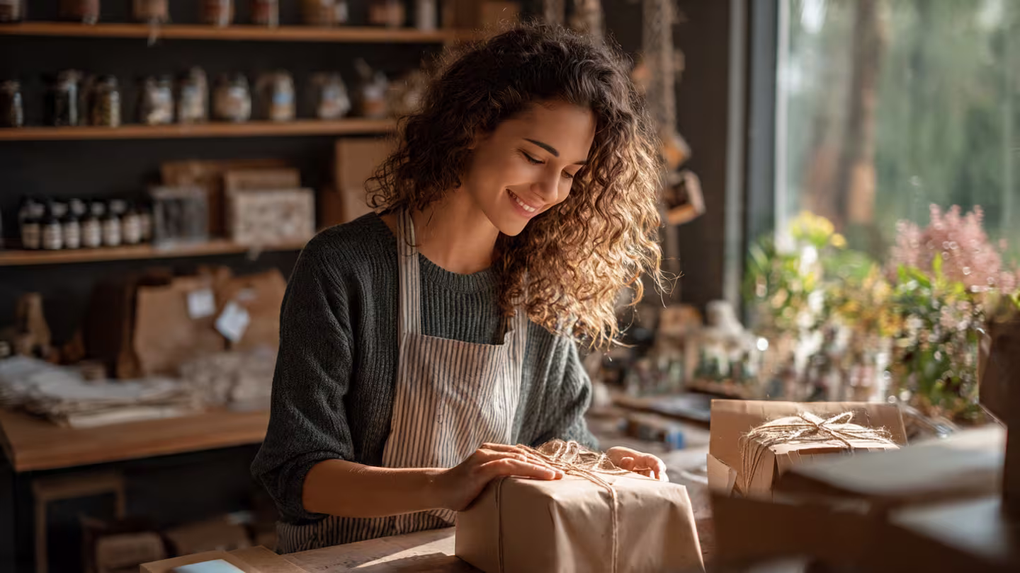 Emprendedora chilena empacando pedidos junto a su teléfono mostrando notificaciones de Instagram